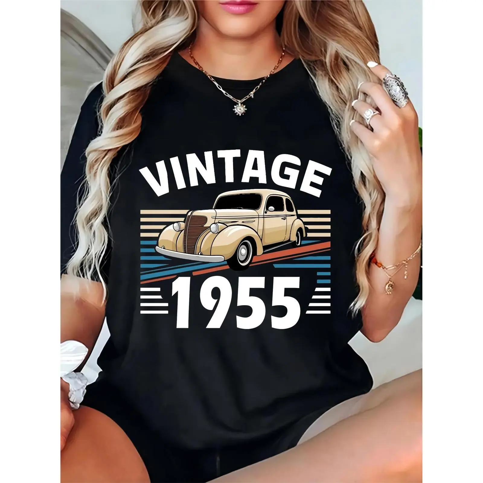 Women's Vintage 1955 Classic Car Graphic Short-Sleeve T-Shirt - Retro Striped, Basic, Comfortable, Elegant Day Wear for Car Lovers, Shortsleeve, Feminine, Cotton, Essential, Prints, Fit