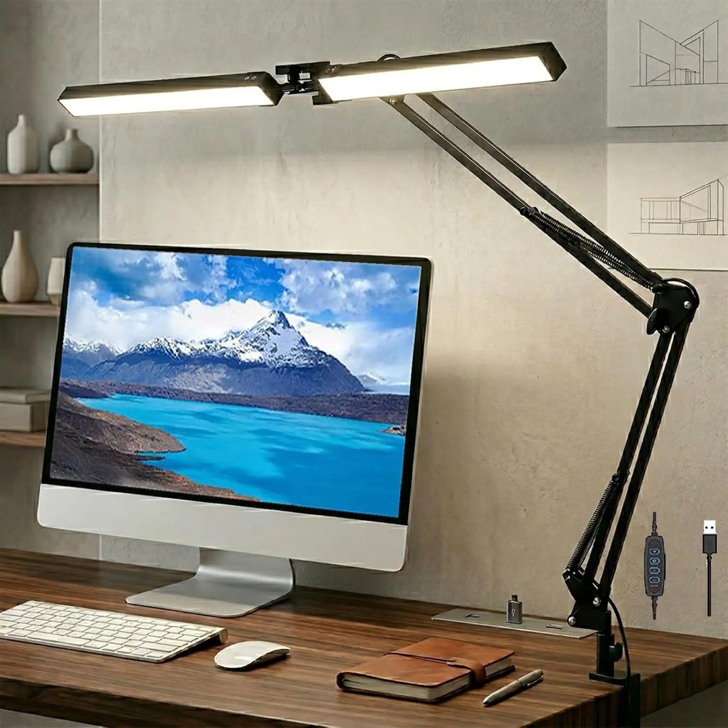 Double Head LED Desk Lamp For Home Office - 2400LM Ultra Bright Desk Light -Eye Caring Desk Lamp with Clamp - 3 Colors 10 Brightnes Adjustable Office Lamp - Easy Installation - Black