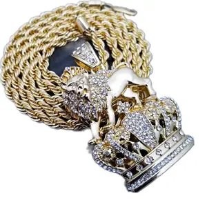 FULL ICED HIP HOP RAPPER'S LION KING CROWN FASHION PENDANT & 4mm 24" ROPE CHAIN