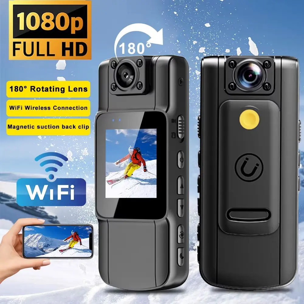 180° Rotatable WiFi Action Camera - 1080P HD Mini Wearable Dash Cam with Night Vision and Motion Detection for Car, Outdoor Sports, Security Recording