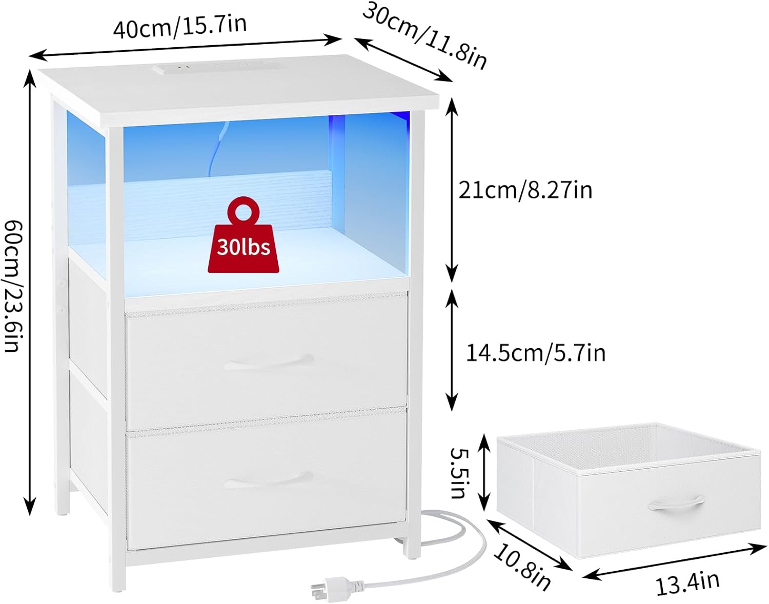 Night Stand with Charging Station, LED Nightstand with U-S-B Ports and Outlets, 2 Fabric Storage Drawers with PU Finish, Bed Side Table, White