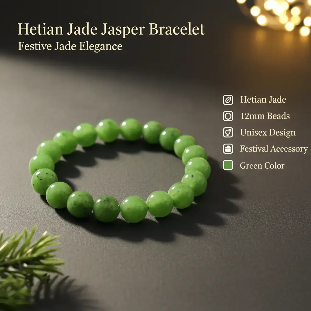 Unisex 12mm Natural Hetian Jade Green Jasper Beads Bracelet, Auspicious Peace Adults Jewelry, Gentle Gentleman Accessory, Versatile Festive Holiday Event Fashion Addition, Auspiciousness, Versatile Addition, Natural Black Spots, Versatile Addition To Holi
