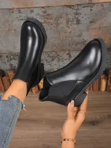 Women's Chelsea Boots New Fall Winter Cigarette Slim Thigh High Boot British Style, PU Leather Rubber Round Toe Chunky Casual Shoes