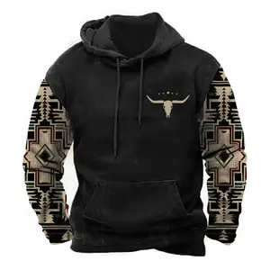 Mens Aztec Hoodie Western Cowboy Hooded Sweatshirt Country Graphic Print Oversized Pullover Shirts with Pocket