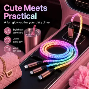 3 in 1 RGB LED Car Charger Cable, Light Up Flowing Glow Fast Charging Cord for Type-C Micro USB, Multi Charging Cable with Visible Current Flow, Cool Braided Cyber Car Accessories for Phone center console