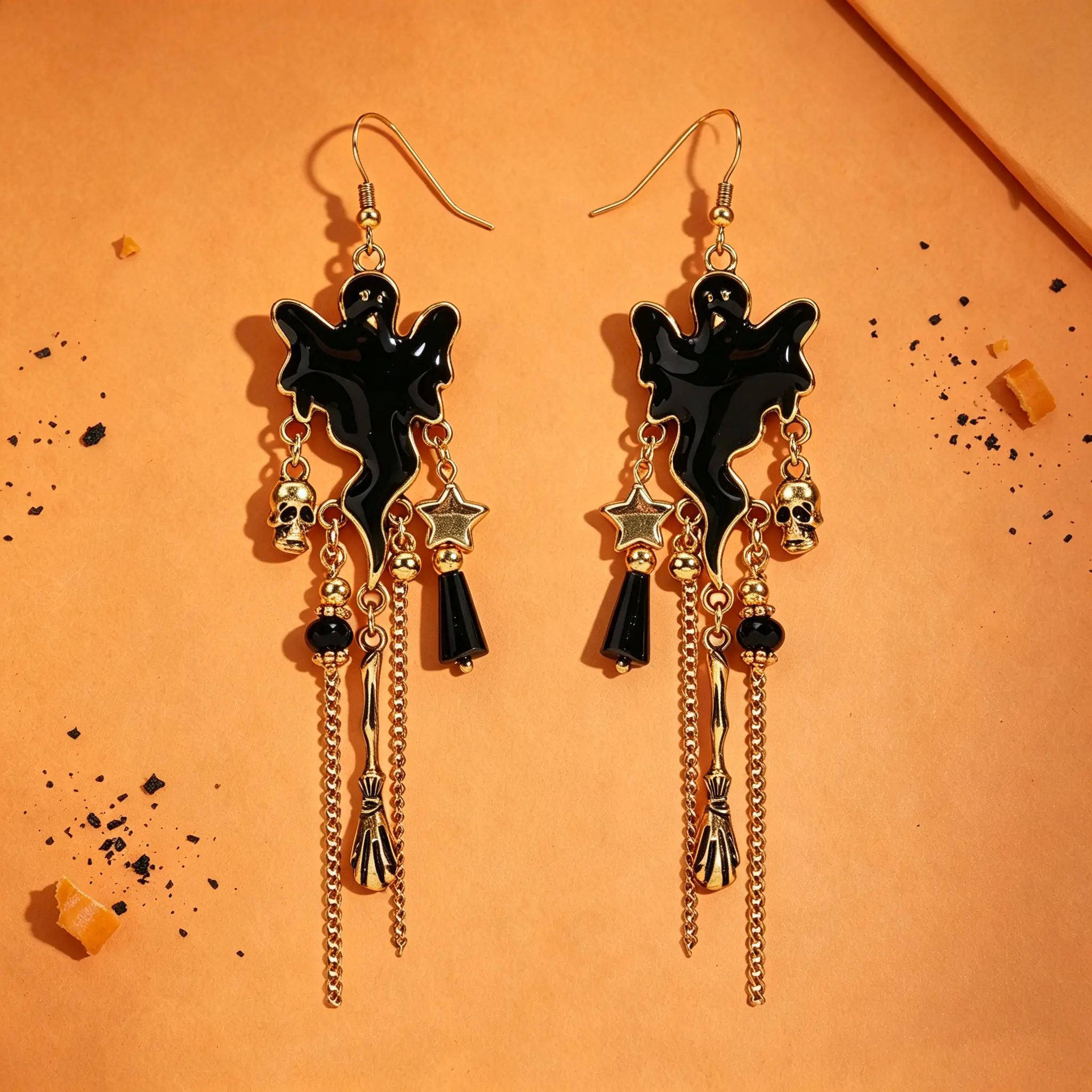 Halloween Party Costume Earrings, Dark Ghost Skull & Broom Retro Black-Gold Heavy-Duty Tassel Dangle Earrings for Women