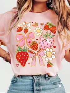 Women's Round Neck Cartoon Fruit Bow Tie Pattern Knit T-Shirt, Summer Loose Fit Fashion Casual Lady Shirt, Daily Everyday Leisure Versatile