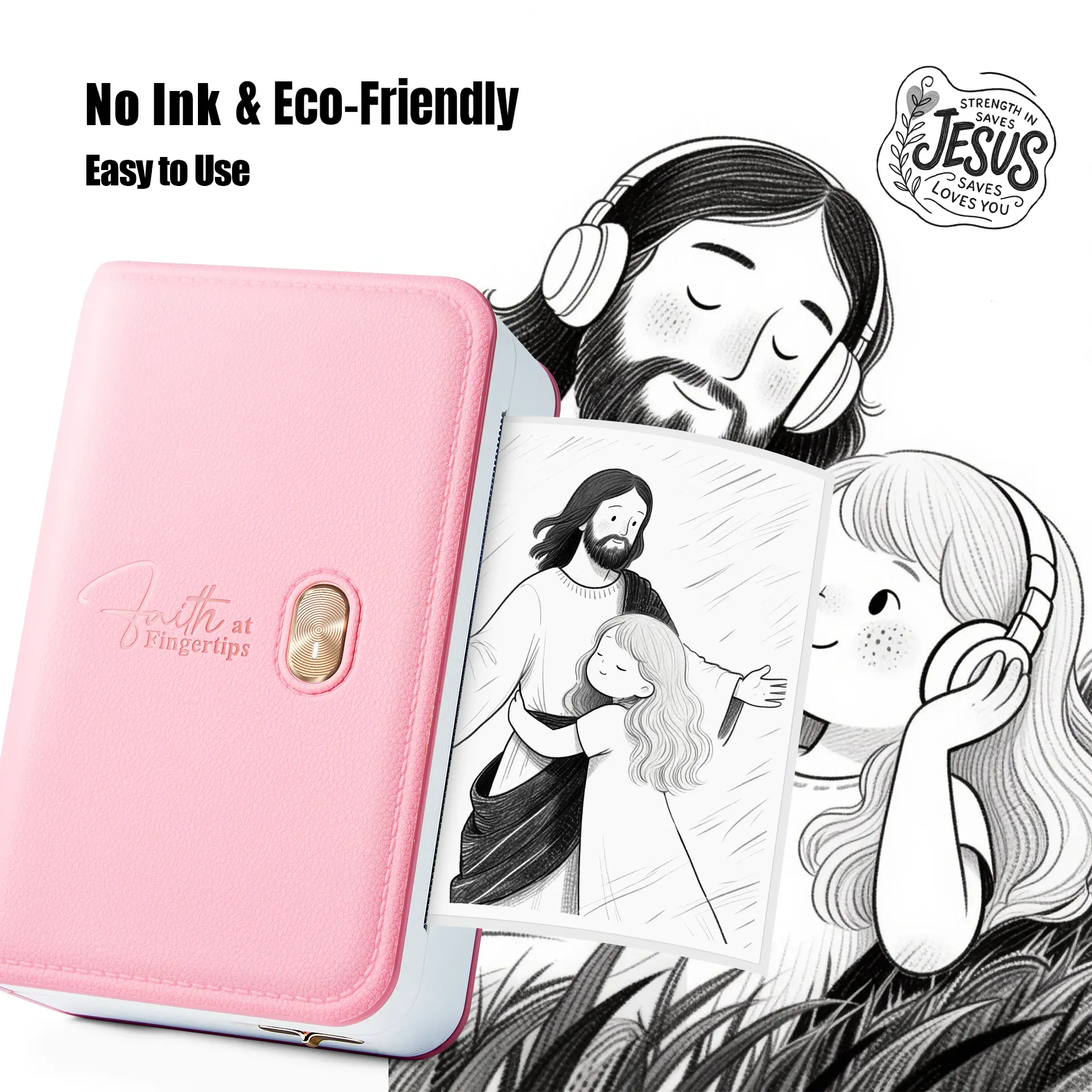 FaithTag Pink Bible Sticker Mini Portable Printer FP31, Bible Study Journal Supplies, Scrapbooking Stickers, for Women, Men, Kids, Christian, Compatible with 2" & 3" Thermal Paper, with 4 Rolls