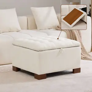 Fabric Square Storage Ottoman with Wooden Tray, Modern Tufted Button Footstool Coffee Table, Upholstered Small Ottoman for Living Room, Bedroom