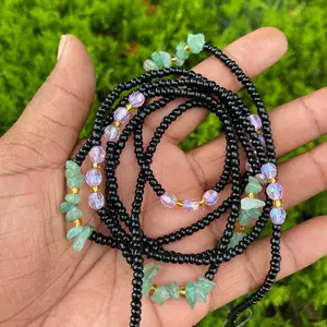 Black Waist Bead with Aventurine Chip beads and pink beads for Women Adjustable with Strong Elastic String or Stretch Cord and Nylon String bodychain jewelry--=%2=- body=%2=----=%2=- decoration=%2=-- body decoration waistbeads tie on curves belly chain