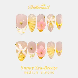 Fullovenail Almond Shape 10 PCS Sunny Sea Breeze Handmade Press on Nail REUSABLE 3D Gel Fake Nails Acrylic Summer 2025 Medium Almond