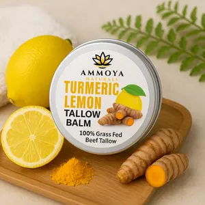 Ammoya Naturals Turmeric Lemon Tallow Balm – 100% Grass-Fed Beef Tallow with Lemon & Turmeric Essential Oils – Nourishing Skin Balm with Beeswax