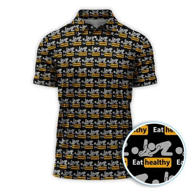 Eat Healthy Graphic Black Golf Polo Shirt Performance Short Sleeve Print Outdoor Sports