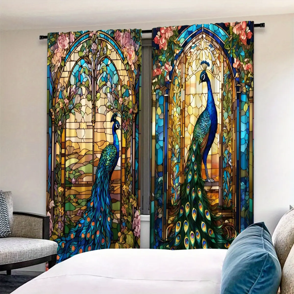 Elegant Peacock Print Curtains Set, 2-Piece Window Drapes for Living Room & Bedroom, High-End Artistic Decor, Perfect for Luxury Atmosphere, Home Decoration Curtain