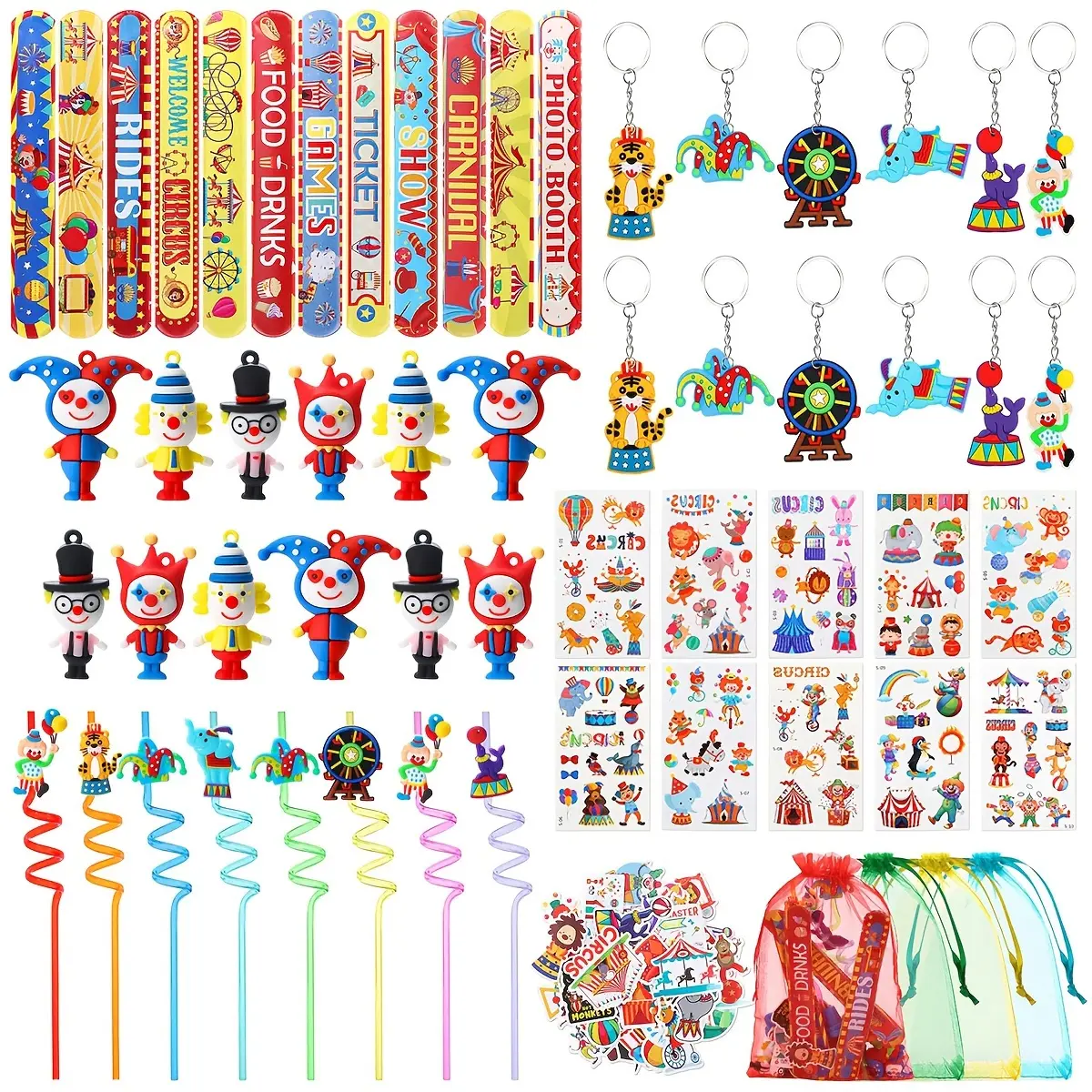 122 Pcs Circus Party Favors Set Circus Slap Bracelets Cute Clown Keychains Straws Circus Stickers Organza Bags for Circus Carnival Birthday Party Decorations Supplies Party Games and Activities