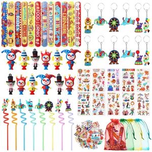 122 Pcs Circus Party Favors Set Circus Slap Bracelets Cute Clown Keychains Straws Circus Stickers Organza Bags for Circus Carnival Birthday Party Decorations Supplies Party Games and Activities