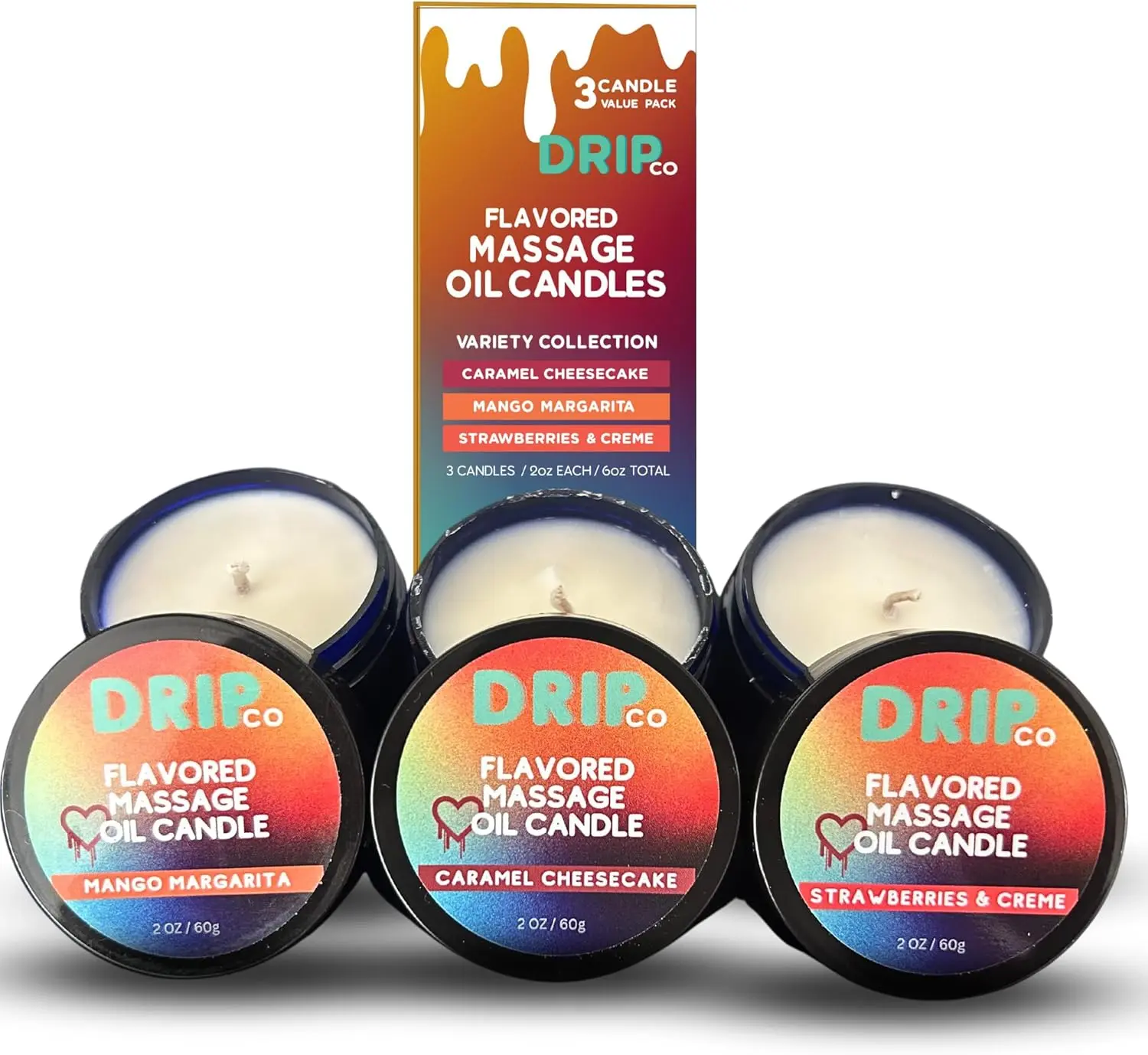 Drip Co Massage Candle  6oz -3 in 1 Soy Wax Aromatherapy Candle for Relax Oil Therapy, TikTok Trend, Scented Candles, Spa Essentials - 6 OZ Variety Pack (Caramel Cheesecake, Mango Marg,trawberries & Creme) | Made inUSA | body oil massage candle |