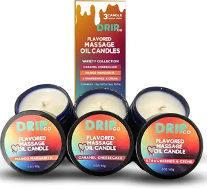 Drip Co 6 OZ Variety Pack Flavored Massage Candles - Caramel Cheesecake Mango Margarita Strawberries & Creme - 3 Flavoured Massage Oil Candles Soothing Aromatherapy Candles for Relaxation - 2.4oz Each - Nourishing Body Care Coconut Scent Cosmetic