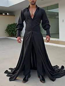 INCERUN Men's Fashion Simple Deconstructed Solid Color Long Robe, Court Style Open Front Cardigan, Spring & Fall Daily Wear