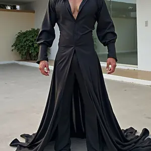 INCERUN Men's Fashion Simple Deconstructed Solid Color Long Robe, Court Style Open Front Cardigan, Spring & Fall Daily Wear