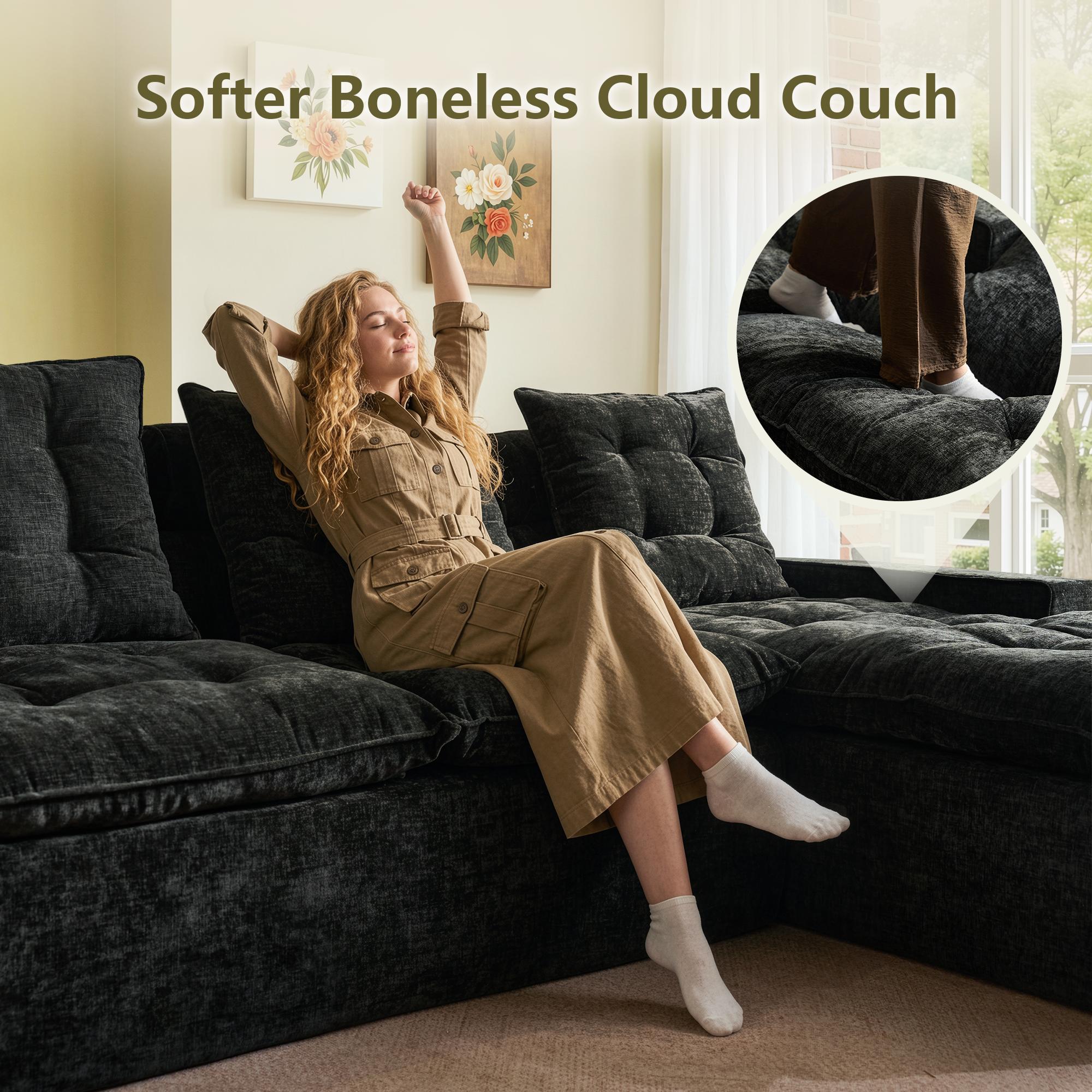 【Back To School】OVIOS 106" Modular Cloud Couch, Oversized Deep Seat Chenille Sectional Sofa with Chaise, Boneless No-Assembly L-Shaped Couch for Living Room, Apartment & Home Theater, Cream White