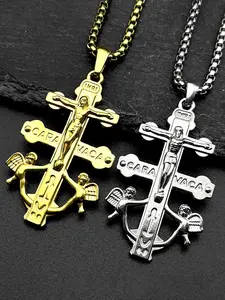 Catholic INRI Caravaca Cross Jesus Crucifix Cherub Angel Pendant Necklace for Women Men Stainless Steel Gold Color Gift