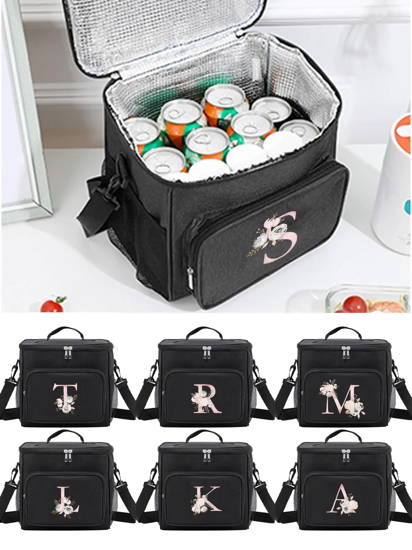 Letter Pattern Insulated Lunch Bag, Durable Waterproof Office Cooler Food Bag with Adjustable Shoulder Strap, Portable Insulated Food Bag for School, Durable Lunch Bags, Zipper lunch bag, Lunch Box Bag, Reusable Lunch Bag