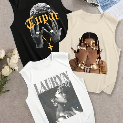 Women's Graphic Print Round Neck Vest 3 Pack, Summer, Comfortable Daily Wear, Fashionable Loose Fit Beach Tank, Tank Tops Style, Perfect for Spring & Summer