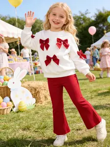 2pcs Girls Front Bow Long Sleeve Sweatshirt Top and Flared Pants Set Girls' Stylish Campus Crew Neck Casual Fashion Pullover Outfit