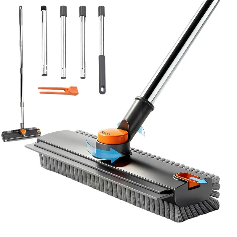 3-in-1 Heavy-Duty Floor Scrubber Squeegee Combo with Long Adjustable Handle, Smooth Silicone Blade, V-Shape Stiff Bristles - Household Squeegee Tile Cleaner for Self-Cleaning Tile, Garage Use, Tile Cleaner Squeegees