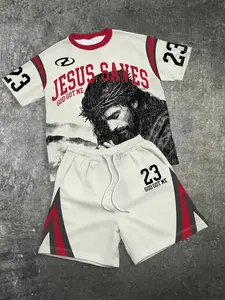 Men's "Jesus Saves" Digital Print Jersey & Shorts 2-Piece Set, Streetwear Summer Outfit, Breathable #JesusSavesSet #StreetwearEssentials #JerseySet #Summer2Piece #TikTokMadeMeBuyIt