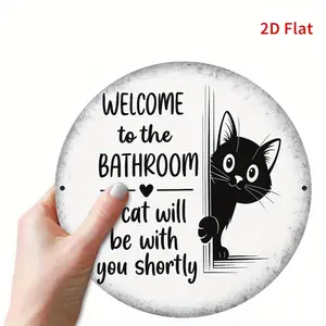 2D Flat, 2D Flat Printing Bathroom Cat Metal Plaque - Whimsical Black Cat with "Welcome to the Bathroom" Design, 7.8x7.8in, Ideal for Home, Coffee Shop, Garage Decor - Perfect metal wall sign Vintage Metal Tin Sign home decor plaque funny bar sign