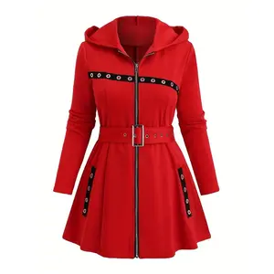 Plus Size, Plus-Size Women's Winter Zip-Up Hooded Jacket with Belted Waist & Pockets - Elegant Black Machine-Washable Coat for Fall/Winter, Casual to Formal Occasions