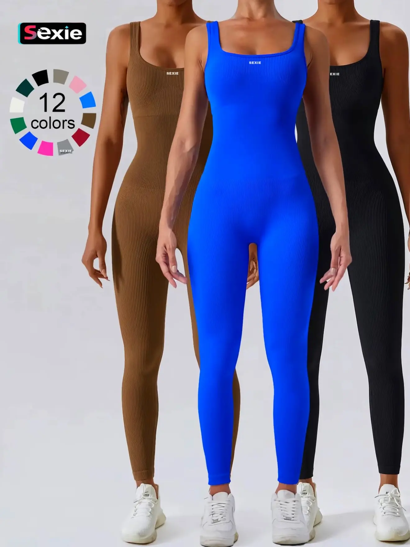 SEXIE Wear Sculpting Jumpsuit - Tummy Control, Seamless Stretchy Ribbed Fabric Crew Neck Activewear, Women's Clothes for Gym Workouts & Yoga