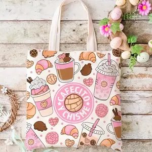 Cafecito Tote Bag - Cartoon Coffee and Tea Designs with Pink Flavor, Ideal for Coffee Lovers and Coffee Enthusiasts