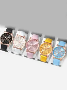 5-piece/set classic color palette leather wristwatch with dopamine-colored multi-color options, Geneva couple quartz watch set