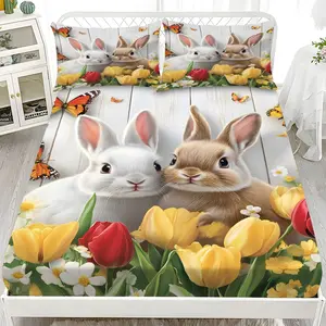 Fitted Sheet 3-Piece Set - 2D Flat Printing Spring Happy Yellow and Red Rabbit Floral Pattern Mattress Covers, Available in Ten Sizes (1*Fitted Sheet + 2*Pillowcases, No Filler),  Skin-Friendly and Breathable Bedding, Suitable for Family Bedrooms.