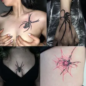 Waterproof 3D Black Red Spider Temporary Tattoo Stickers, Realistic Spider Web Fake Tattoos for Chest Wrist Body, Gothic Alt Halloween Body Art Stickers For Women