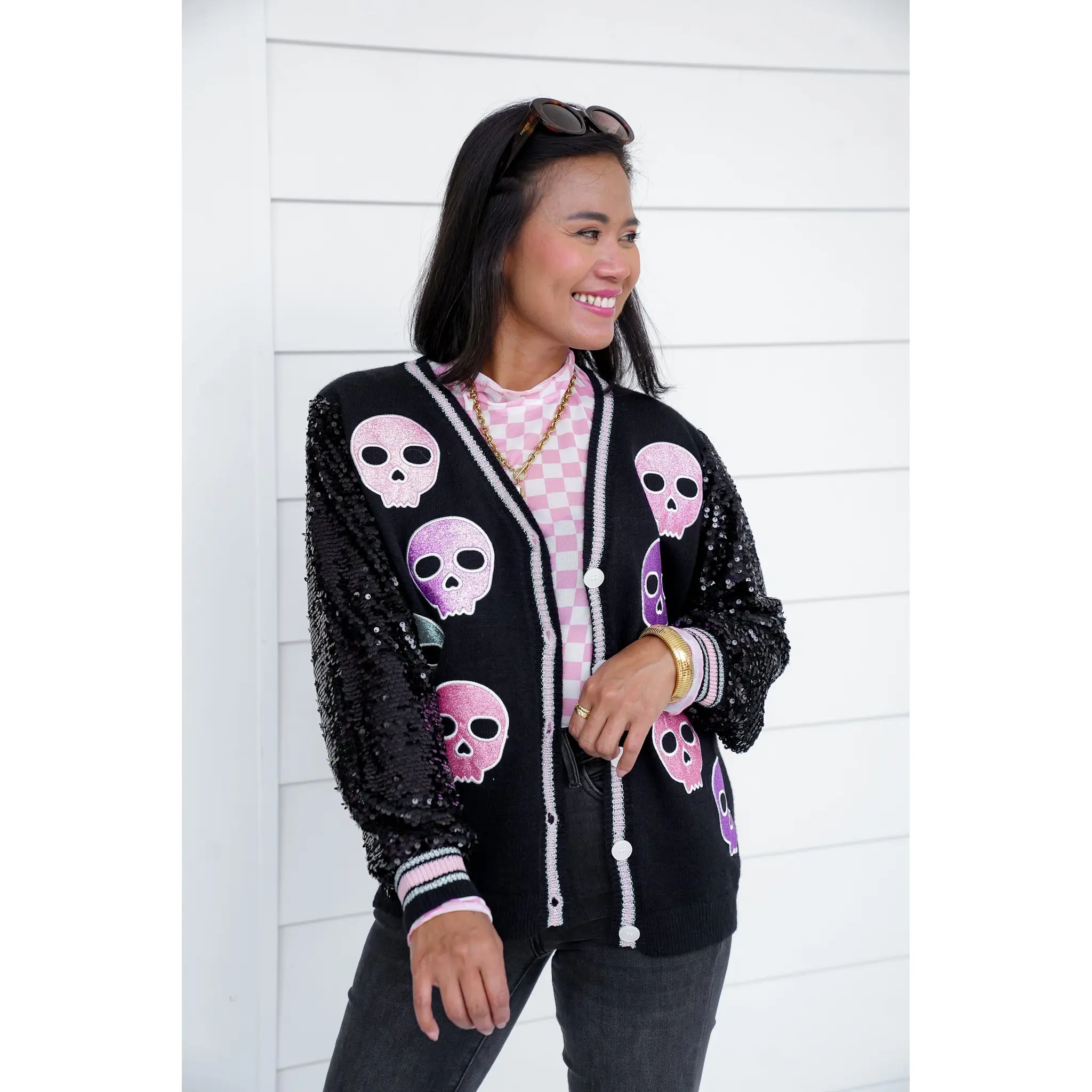 Plus/Reg Glitter Skulls Cardigan with Sequins Plus/Reg Glitter Skulls Cardigan with Sequins