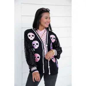 Plus/Reg Glitter Skulls Cardigan with Sequins