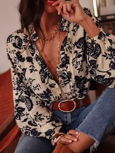 Women's Floral Print Leaf Vacation Blouse, Shirts, V Neck Lantern Sleeve Loose Fit Top, Casual Summer Fashion, Comfortable and Stylish, Elegance