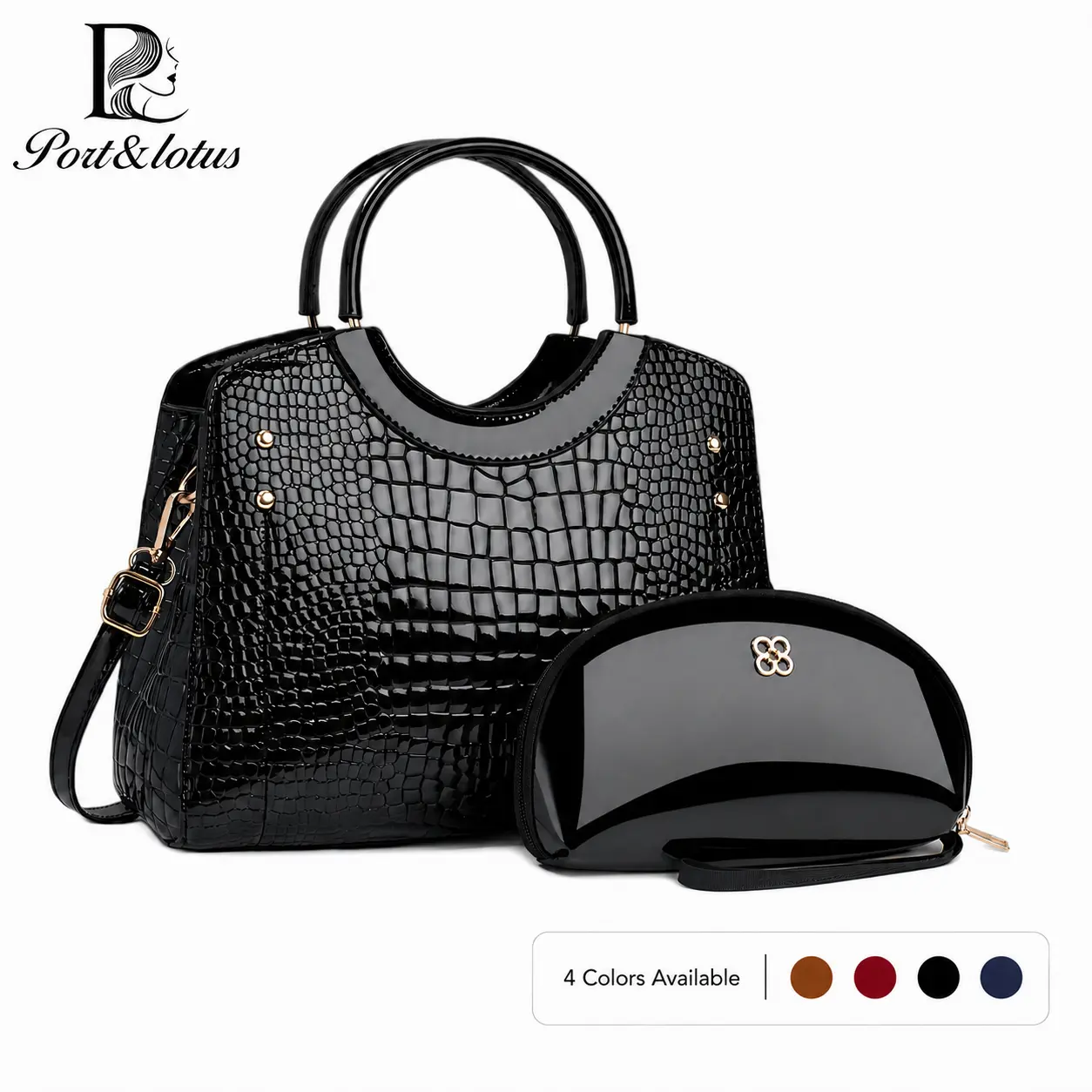 Port&Lotus Glossy Croc Embossed Patent Leather Handbag Set For Women, Medium Capacity Structured Top Handle Satchel Bag With Matching Mini Pouch & Detachable Crossbody Strap, Elegant Formal Shoulder Purse for Office, Wedding, Party & Daily Travel