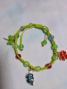 Handmade Macrame Bracelet - Nature Inspired Green with Dragonfly, Blue Leaf & Red Flower