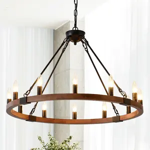 12-Light Wagon Wheel Farmhouse Modern Matte Black & Wood Chandelier Light Fixture, Adjustable Hanging Ceiling Light for Dining Room Kitchen, Model 464752