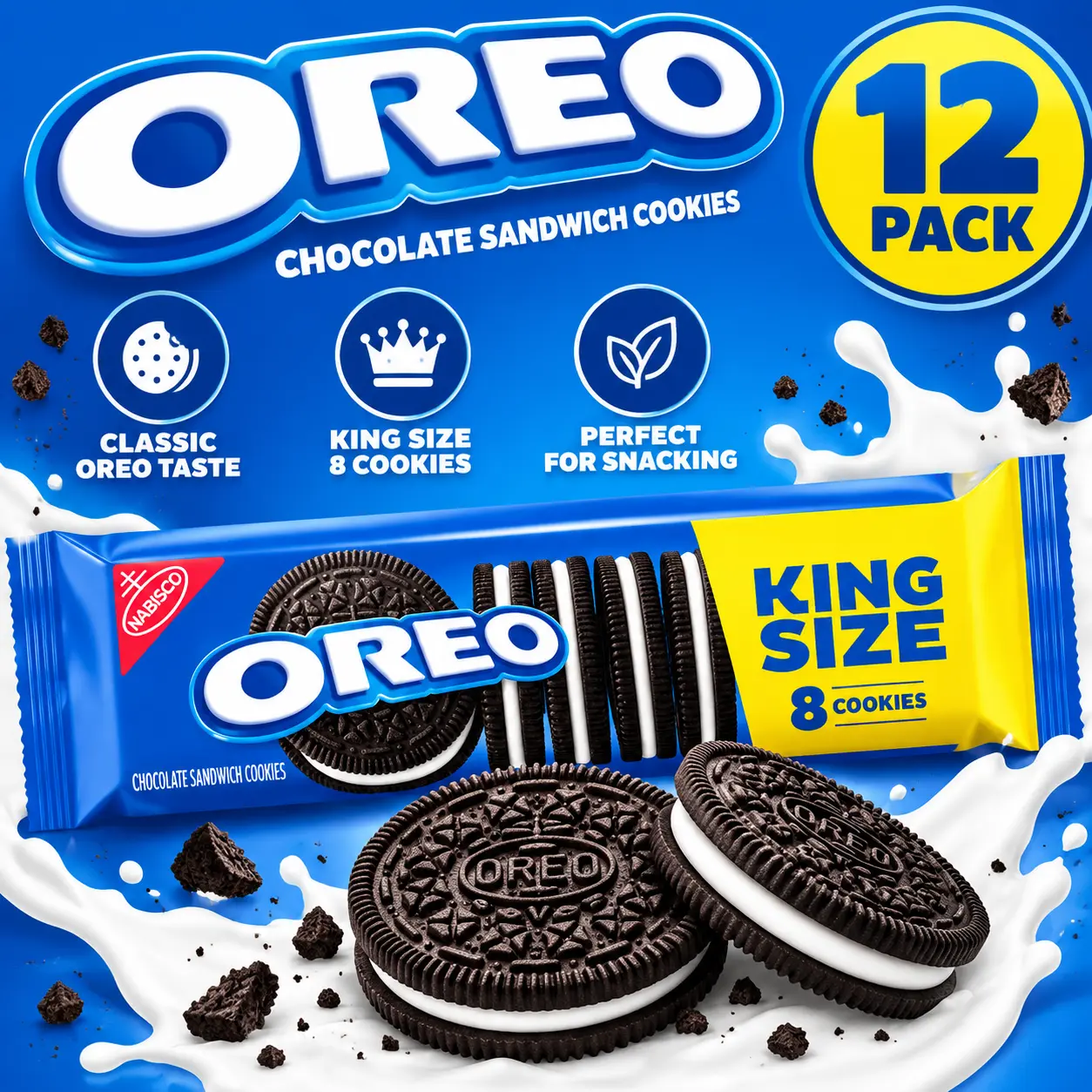 Oreo Chocolate Sandwich Cookies King Size 12 Pack 8 Cookies Each Chocolate Creme Snack