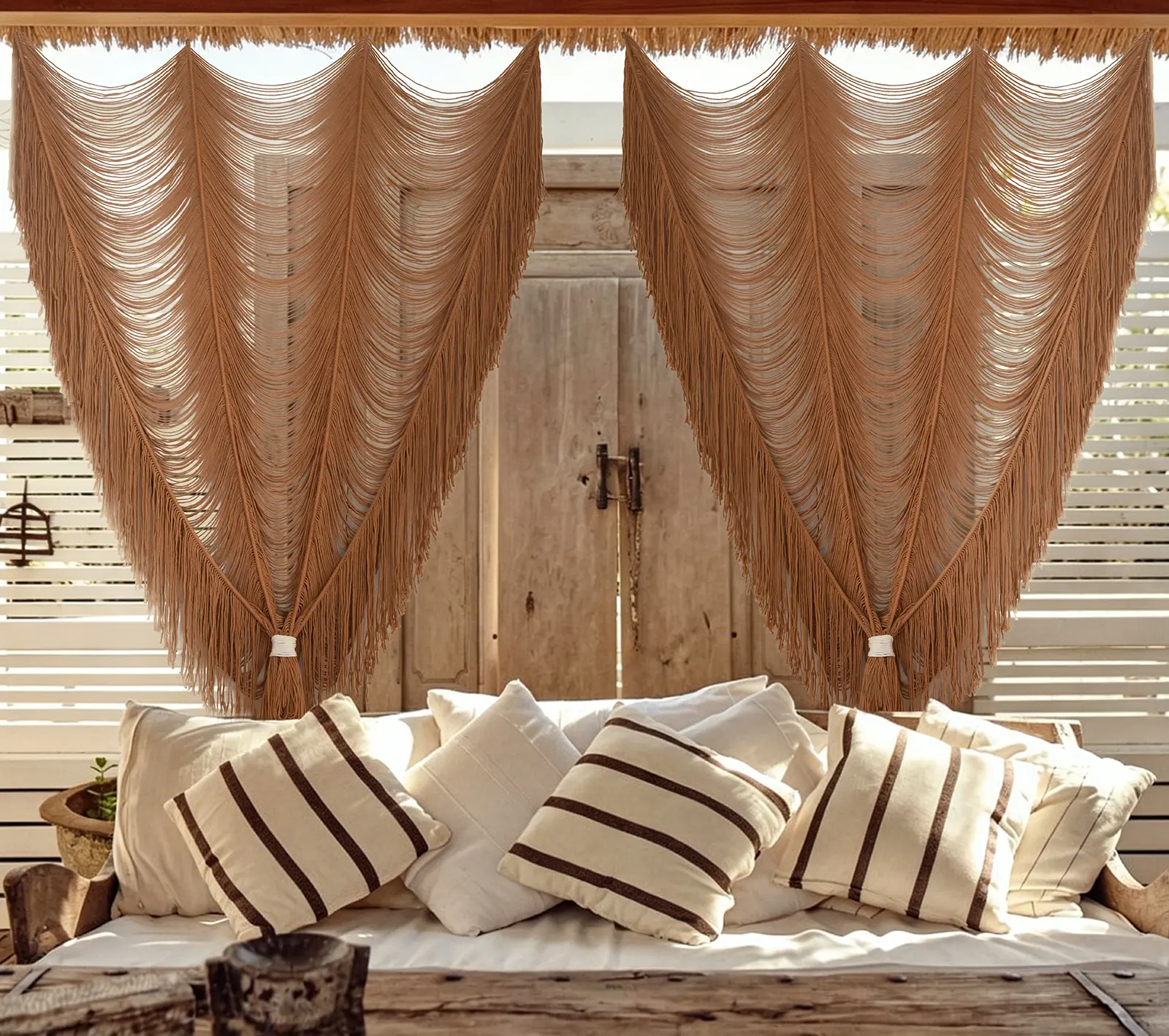2 Panels Macrame Curtains Brown 59" W x 75" H Light Filtering Window Curtains Semi Sheer Drapes Room Divider Door Curtain, Wedding Backdrop Soft Neutral Window Treatment for Living Room Bedroom