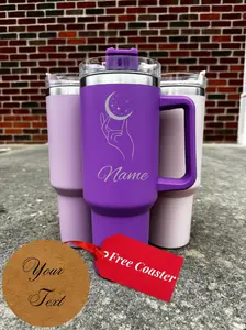 Custom 40oz Stainless Steel Tumbler with Handle, Straw, and Engraved Design for Hot and Cold Beverages - 13-24 Hours