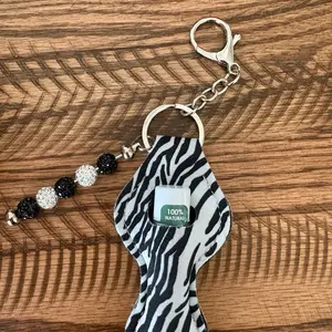 Zebra Print Chapstick Holder with 100% Natural Beads and Keychain Attachment for Easy Carry