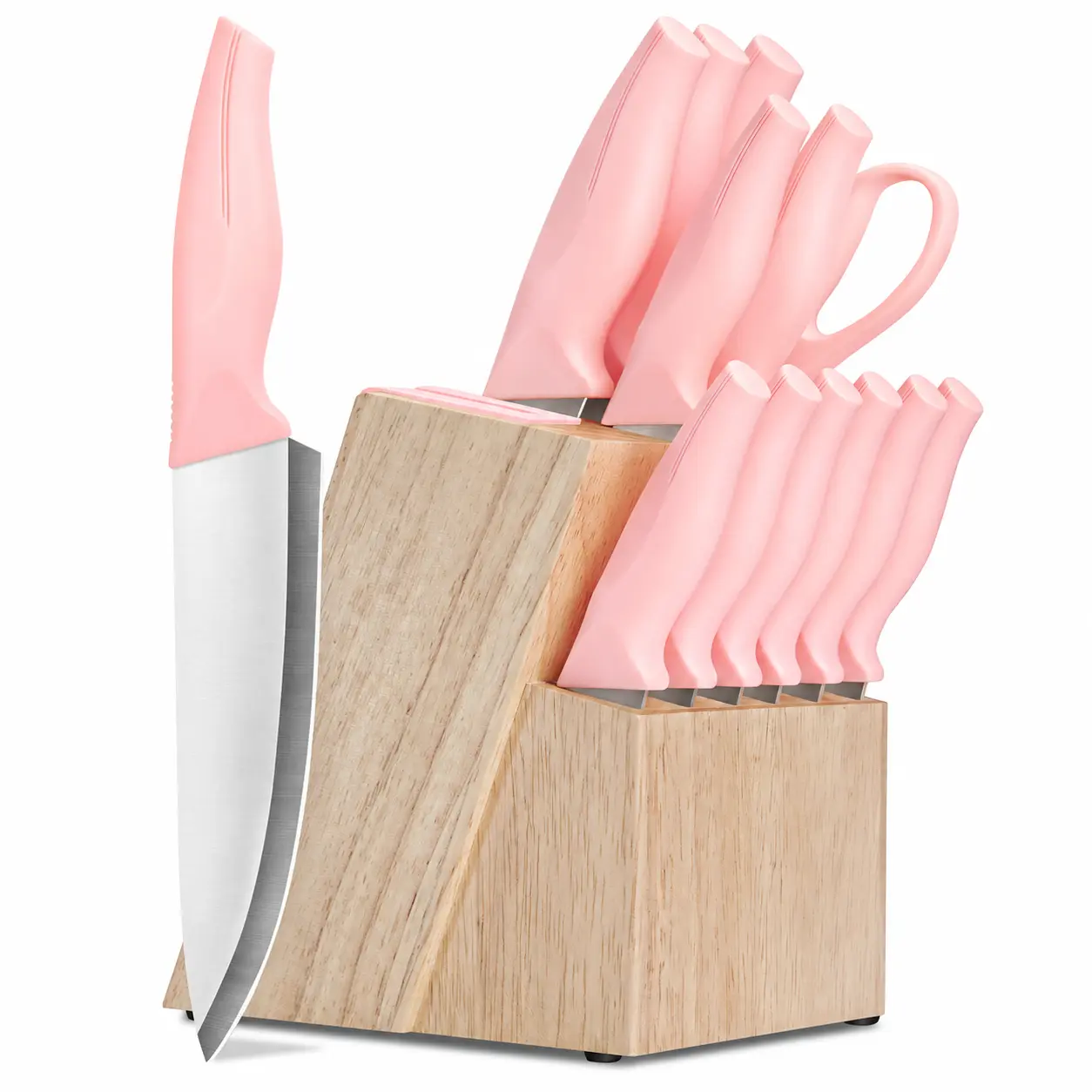 Pink 14-Piece Professional Stainless Steel Kitchen Knife Set with Self-Sharpening Storage Block, Built-In Sharpener, ABS Anti-Slip Ergonomic Handles for Chef Knives Tasks, Cooking Prep Cutting and Slicing