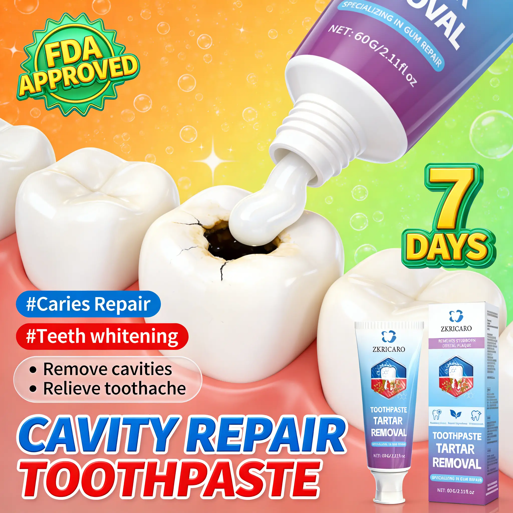 Toothpaste for Cavity Repair: FDA certified, repairs tooth enamel, removes plaque, soothes toothache, gentle formula, long-lasting protection.